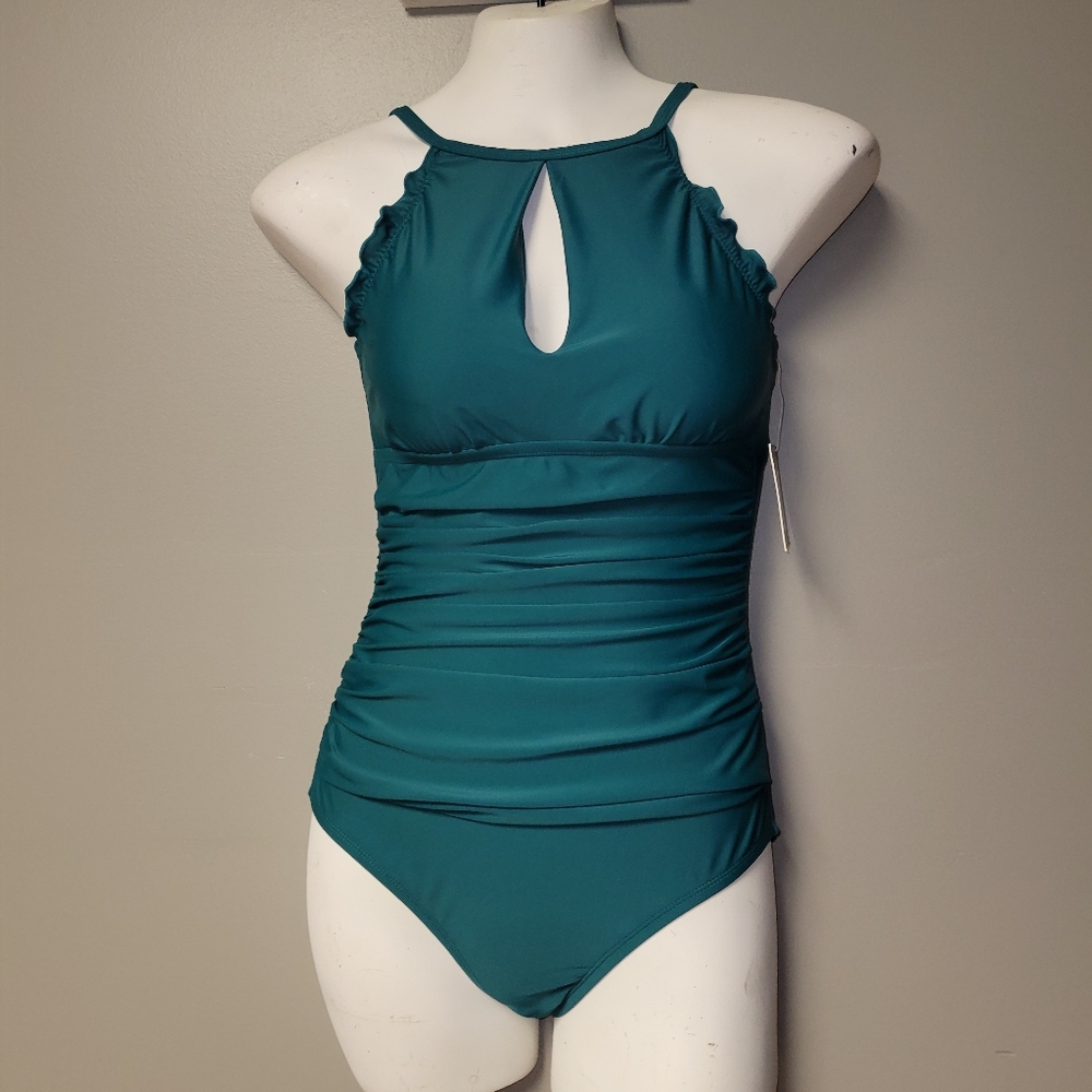 NWT Ellen Tracy Women's Pine Green High Neck Keyhole One Piece Swimsuit 6